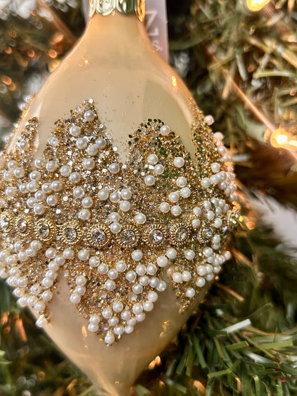 4 Inch Champagne And Cream Beaded Glass Ornament Three Assorted