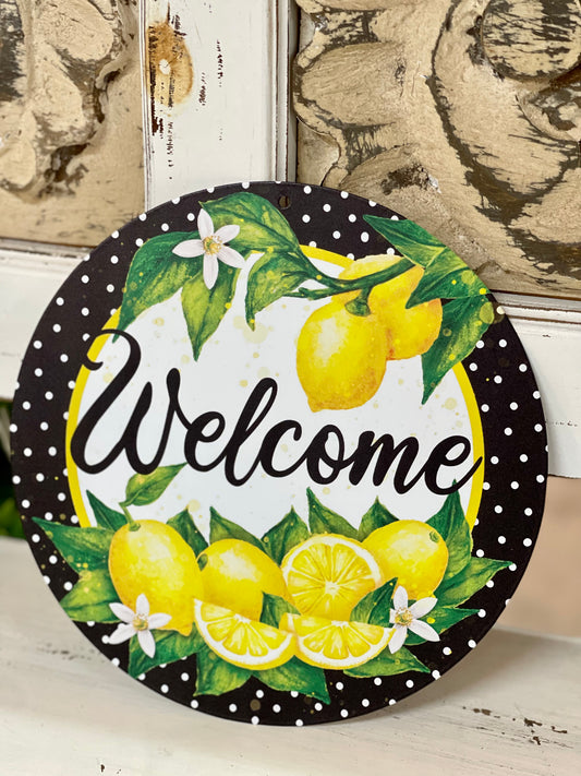 8 Inch Welcome Lemons With Polka Dot Border Metal Sign