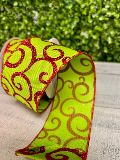 2.5 Inch By 10 Yard Fresh Green And Red Glitter Swirl Ribbon