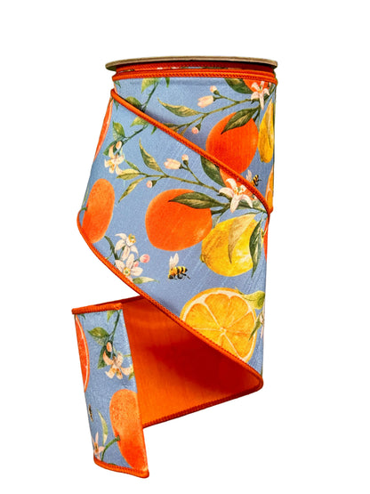 4 Inch By 10 Yard Blue Orange And Yellow Watercolor Citrus And Blossoms Dupioni Ribbon