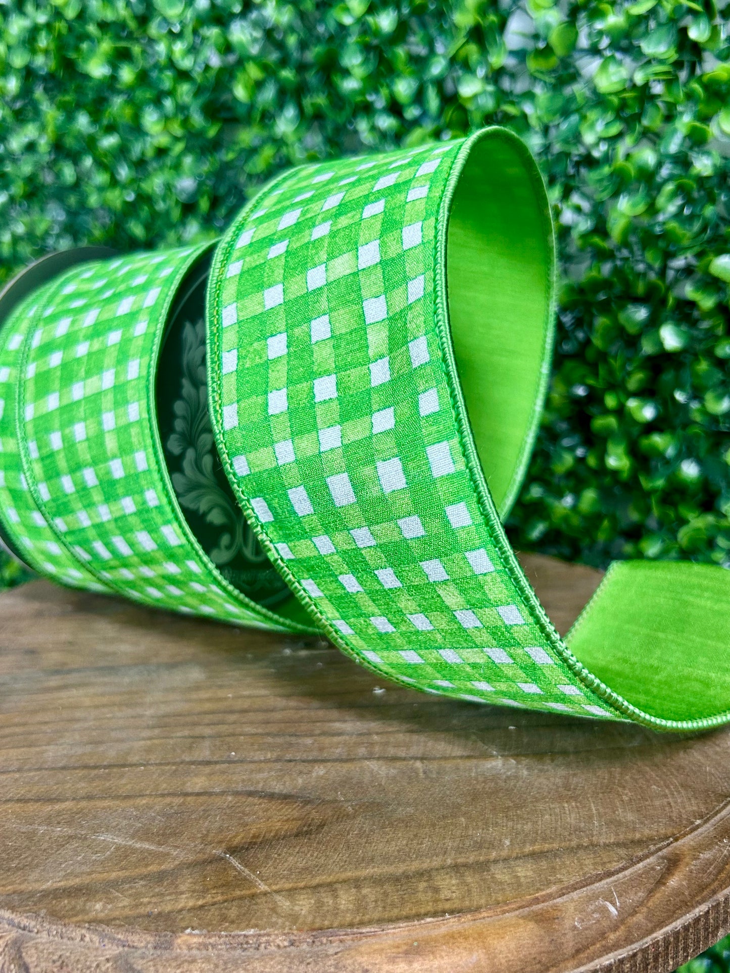 2.5 Inch Green Watercolor Check Deluxe Dupioni Backed Wired Edge Ribbon