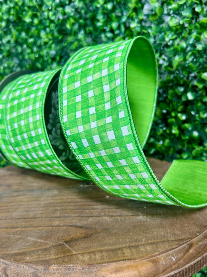 2.5 Inch Green Watercolor Check Deluxe Dupioni Backed Wired Edge Ribbon