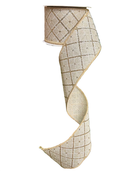 2.5 Inch By 10 Yard Champagne And Gold Glitter Diagonal Plaid With Natural Edge Ribbon