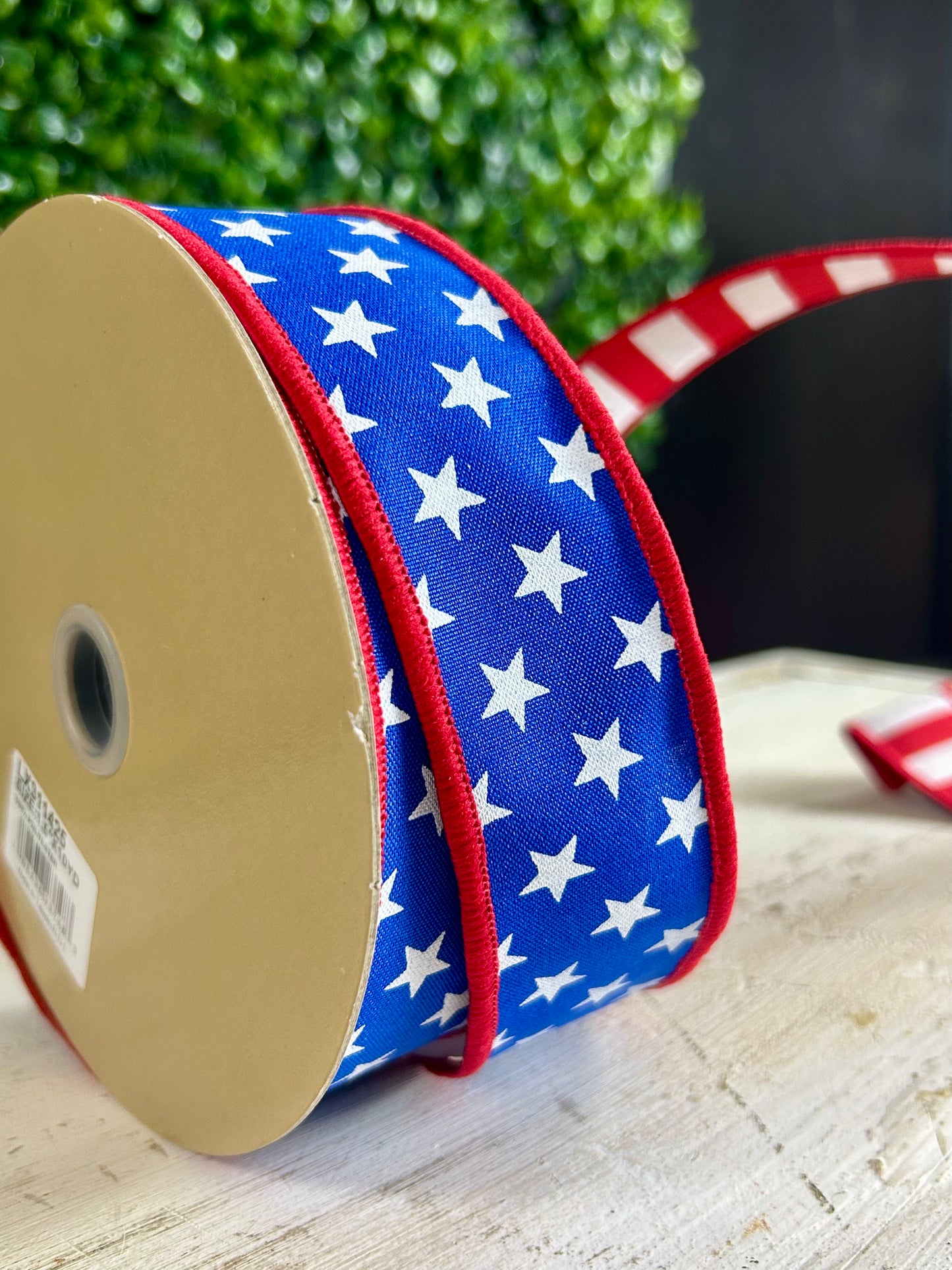 1.5 Inch By 10 Yard Red White And Royal Blue Stars And Striped Fused Back Ribbon