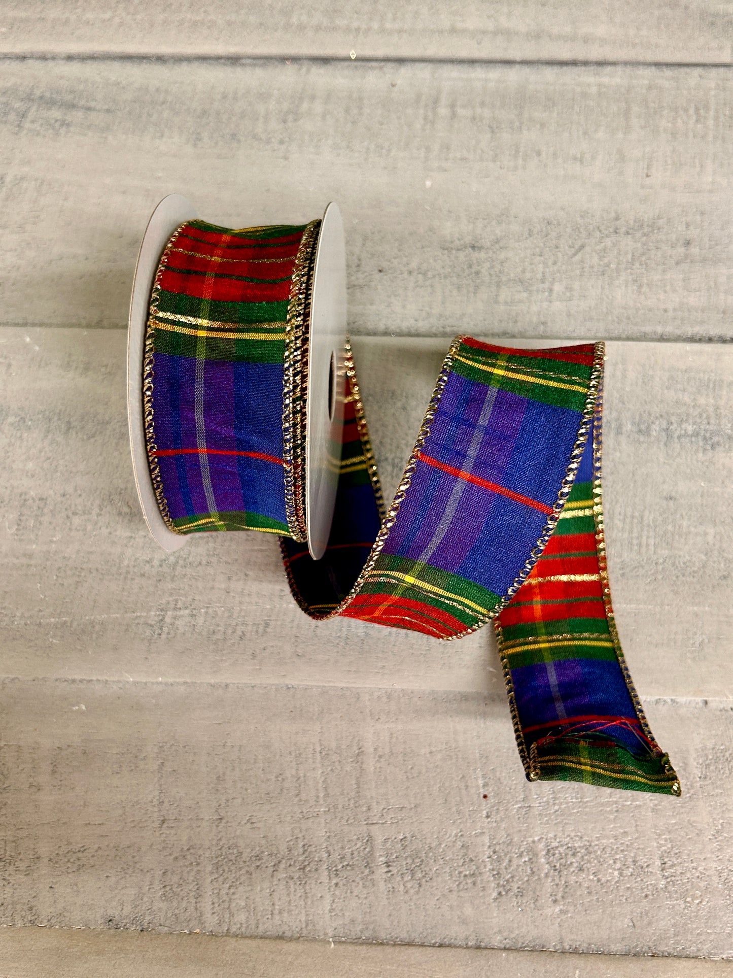1.5 Inch By 10 Yard Royal Blue Green Red Yellow Dupioni Plaid Ribbon