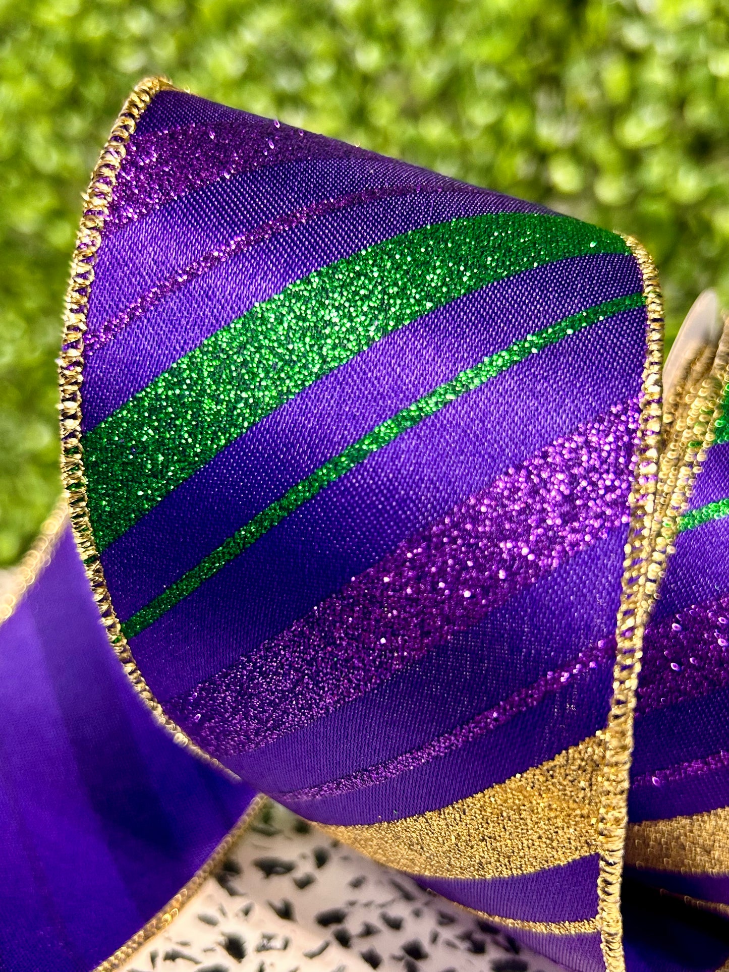 2.5 Inch By 10 Yard Mardi Gras Green Purple And Gold Diagonal Stripe Ribbon