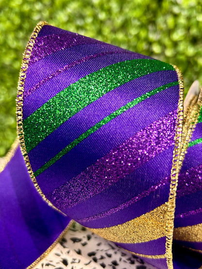 2.5 Inch By 10 Yard Mardi Gras Green Purple And Gold Diagonal Stripe Ribbon