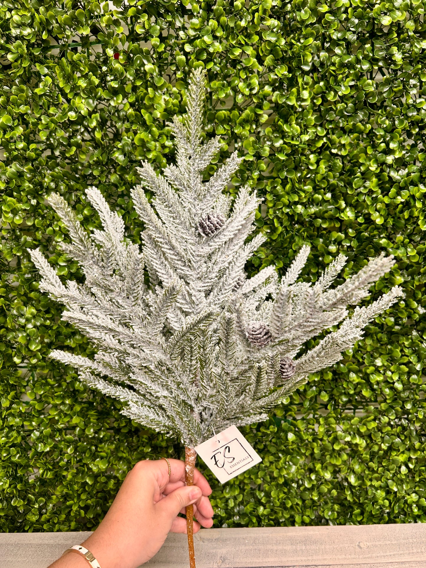 14 Inch Green White Flocked Long Needle Magnolia Cedar Spray