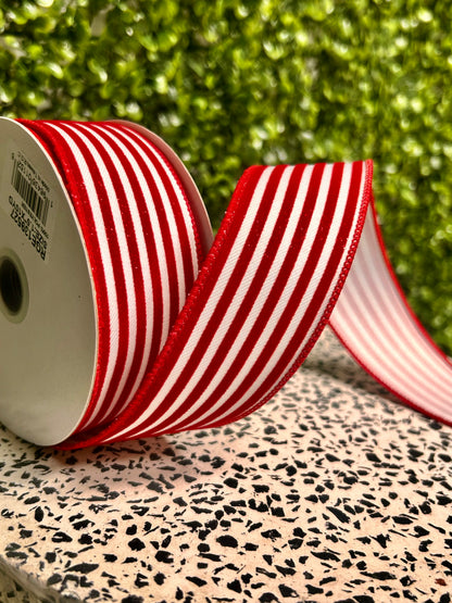 1.5 Inch By 10 Yard Red And White Glitter Velvet Vertical Lines Ribbon