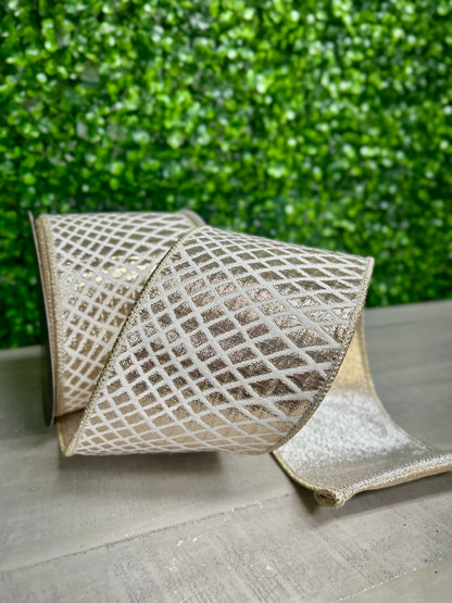 John Mark 4 Inch By 10 Yard Ivory And Platinum Net Pattern Double Fused Backing Ribbon