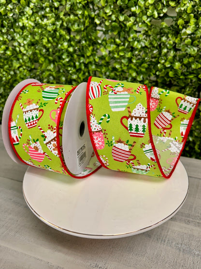 2.5 Inch By 10 Yard Lime Green Christmas Hot Cocoa Mugs Ribbon
