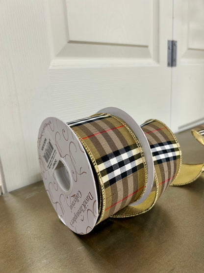 2.5 Inch By 10 Yard Burberry Black And Tan Plaid With Gold Back Ribbon