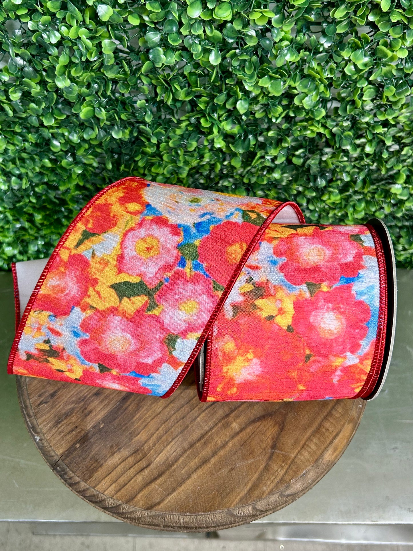 4 Inch By 10 Yard Fuchsia Flowers Colors Deluxe Dupioni Backed Wired Edge Ribbon