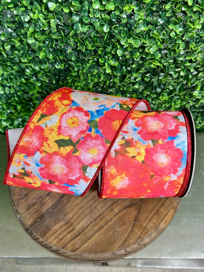 4 Inch By 10 Yard Fuchsia Flowers Colors Deluxe Dupioni Backed Wired Edge Ribbon