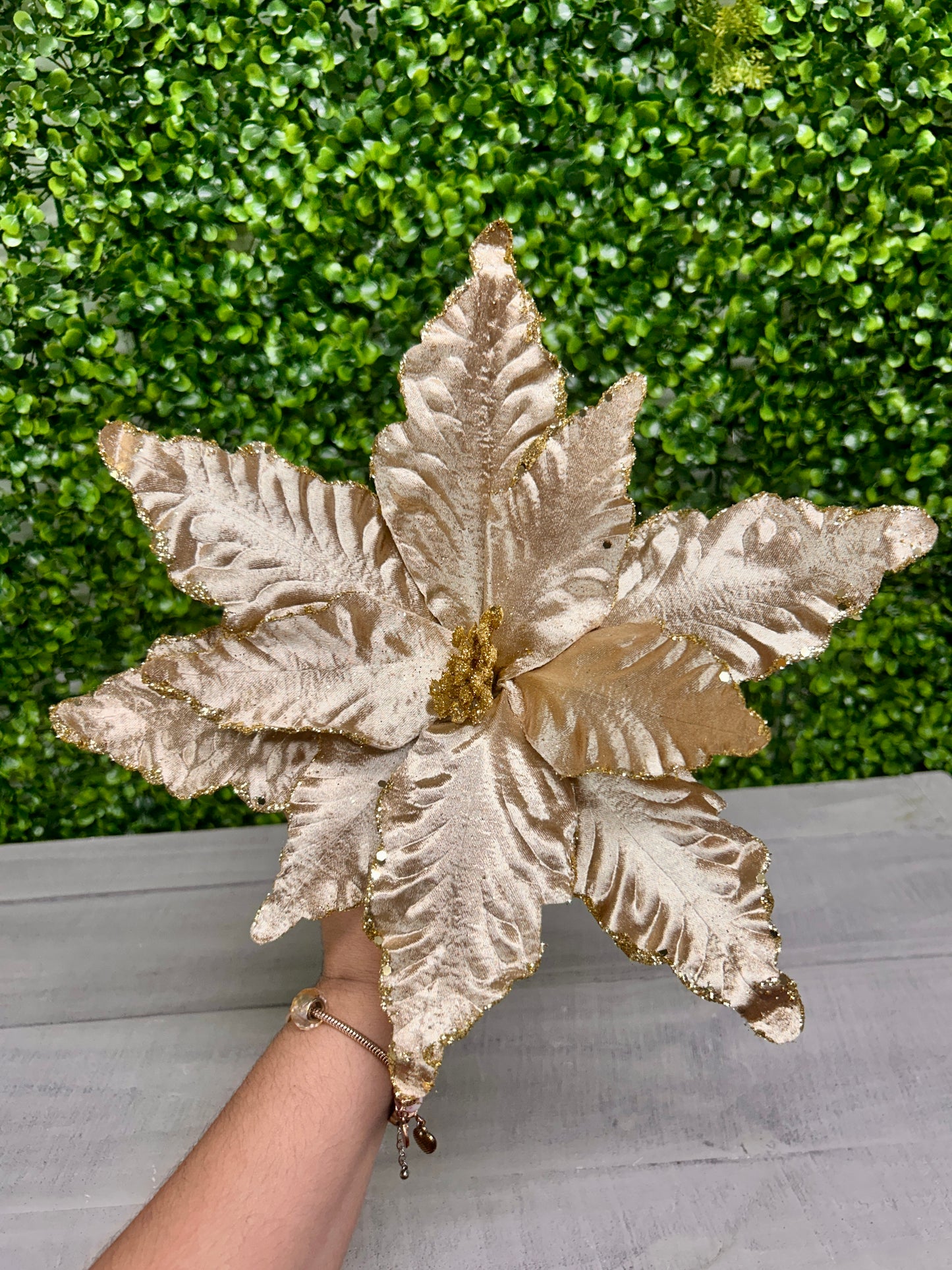 14 Inch Taupe Metallic Velvet Poinsettia Stem