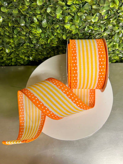 2.5 Inch By 10 Yard White Orange And Yellow Vertical Stripe And Polka Dot Ribbon