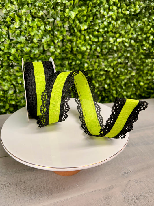 1.5 Inch By 10 Yard Black And Lime Lace Edge Royal Burlap Ribbon