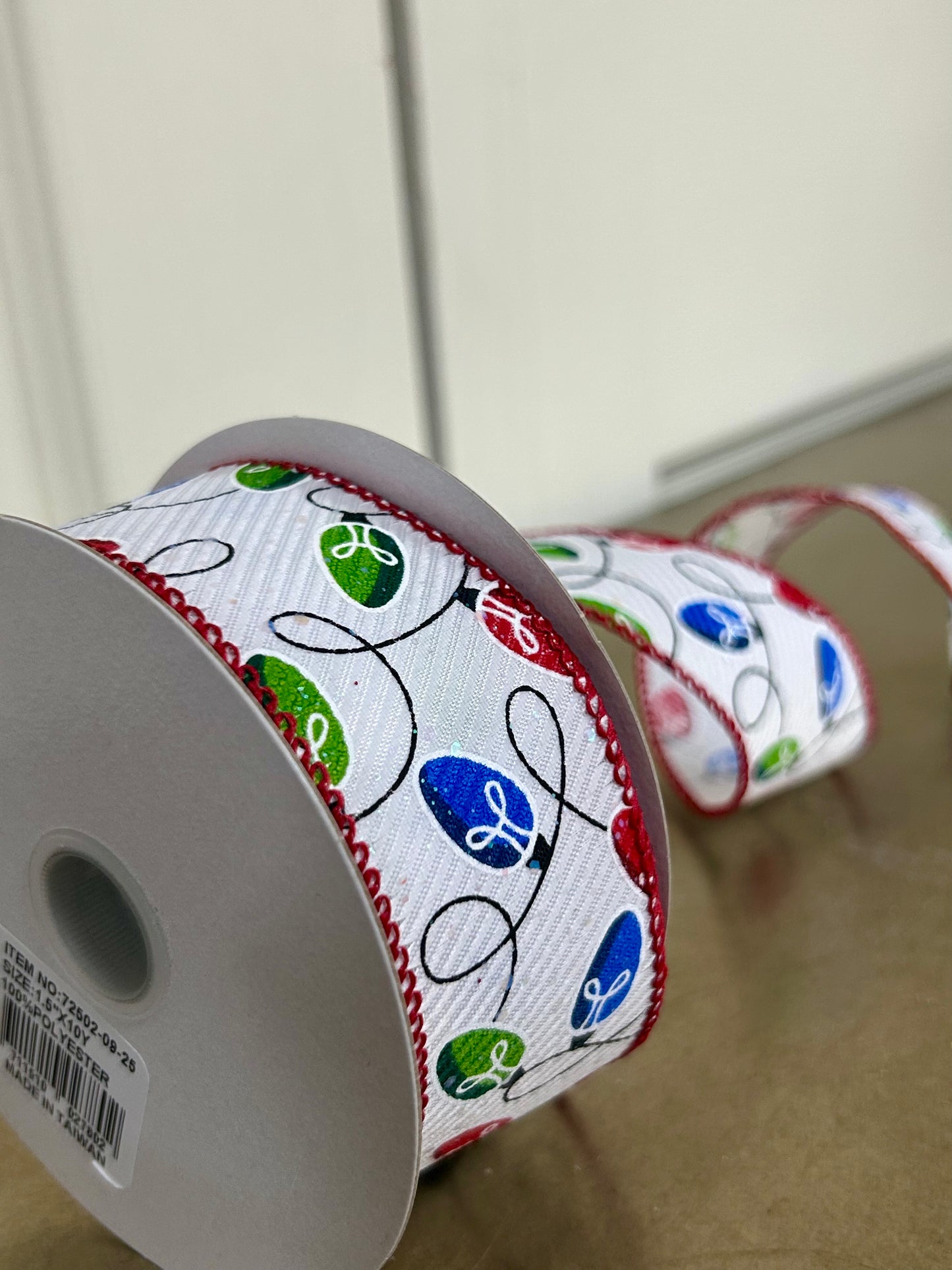 1.5 Inch By 10 Yard Red Green And Blue Christmas Lights Ribbon