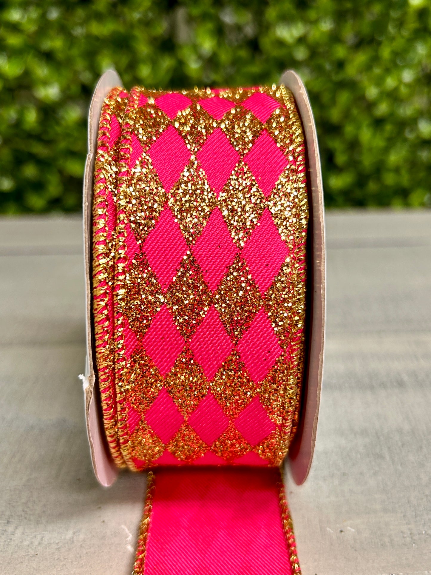 1.5 Inch By 10 Yard Fuchsia And Gold Glitter Harlequin Ribbon
