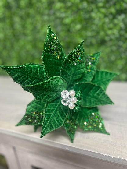 22 Inch Emerald Green Glitter And Sequin Poinsettia