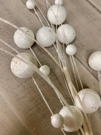 27 Inch White Mixed Size Glittered Ball Spray