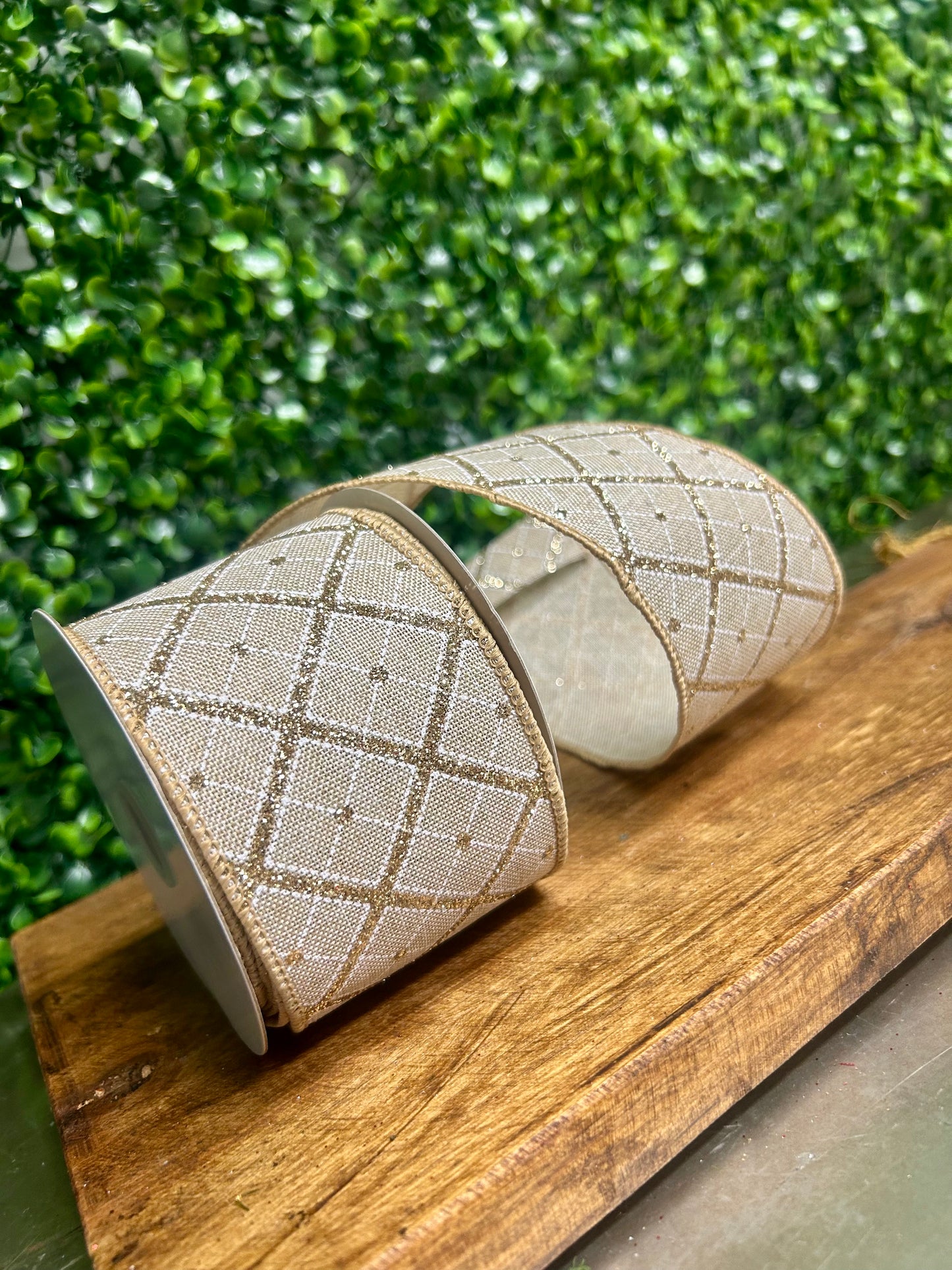 2.5 Inch By 10 Yard Champagne And Gold Glitter Diagonal Plaid With Natural Edge Ribbon