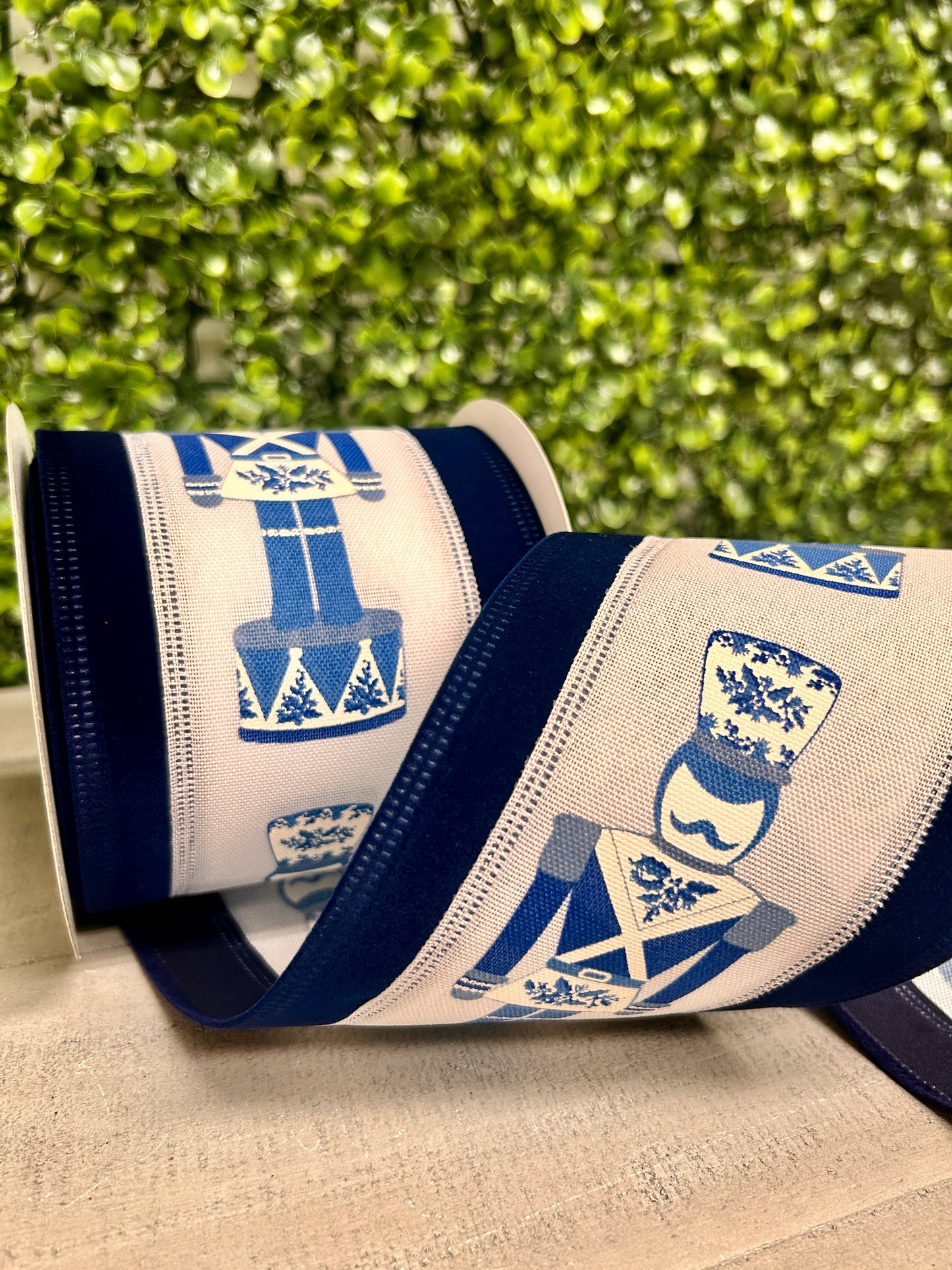 4 Inch By 10 Yard Navy Chinoiserie Nutcracker With Navy Velvet Edge Ribbon