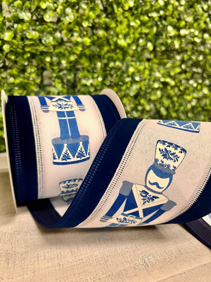 4 Inch By 10 Yard Navy Chinoiserie Nutcracker With Navy Velvet Edge Ribbon
