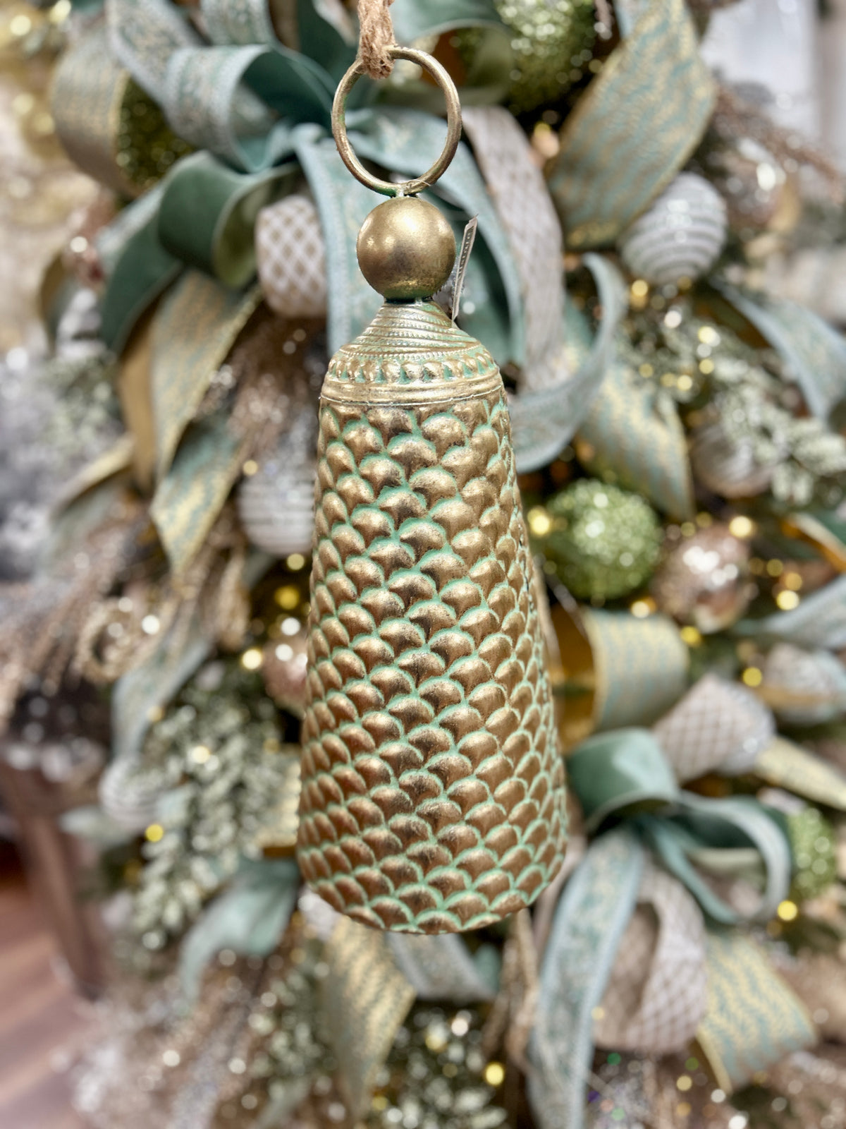 17 Inch Gold And Teal Metal Bell Ornament
