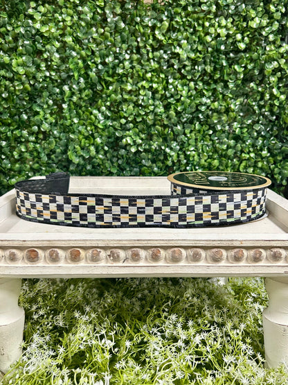 1.5 Inch By 10 Yard Beige And Black Mini Antique Checkerboard Ribbon