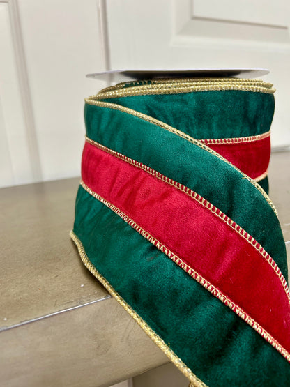 4 Inch By 10 Yard Green Velvet With Red Velvet Center With Gold Edge Ribbon