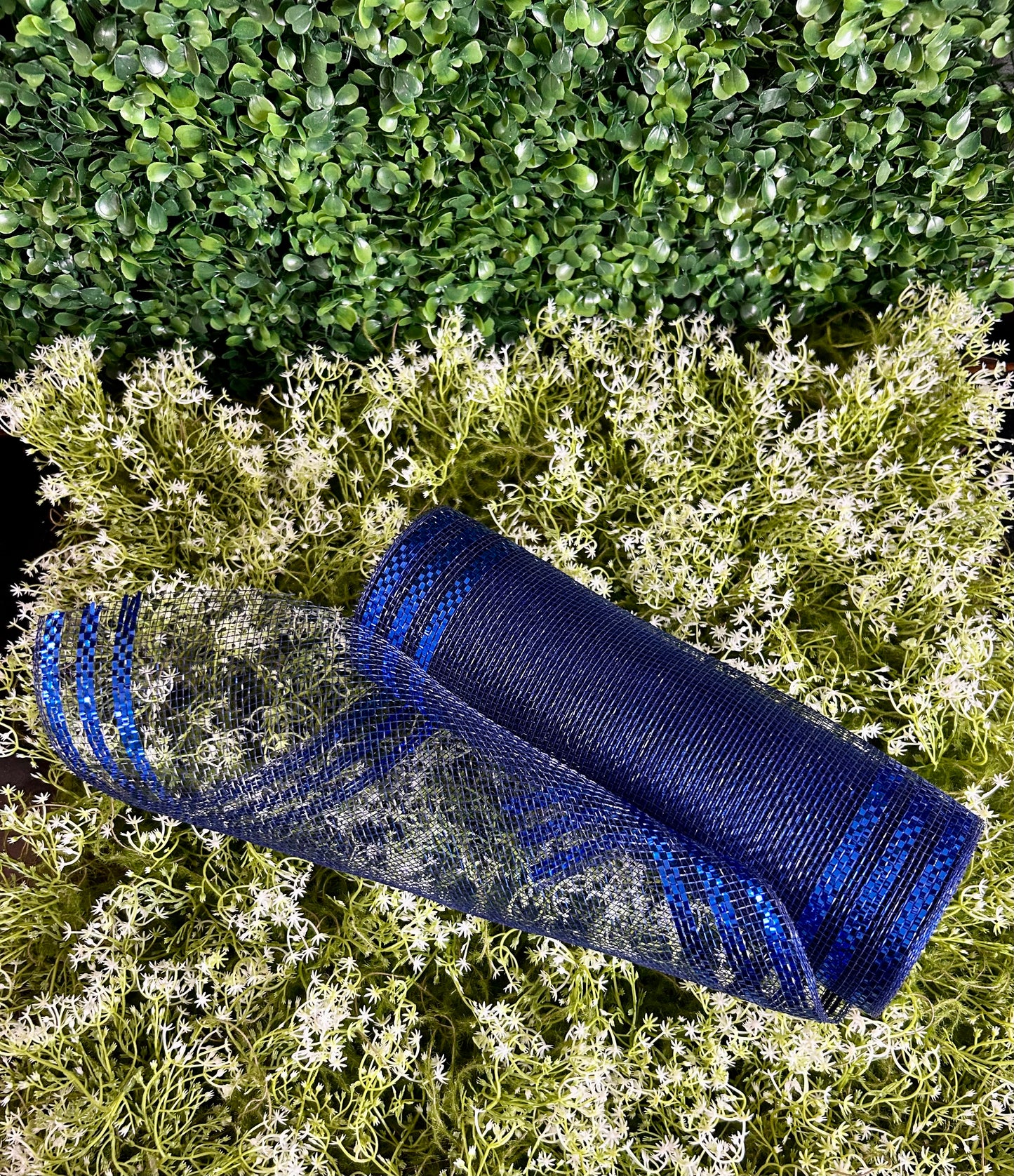 10 Inch By 10 Yard Navy With Royal Blue Border Stripe Metallic Mesh