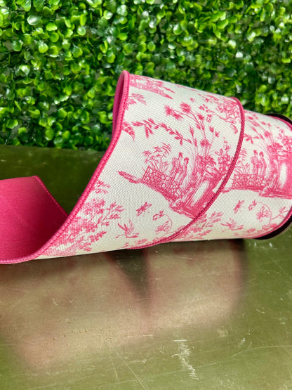 4 Inch By 5 Yard Pink And White Asian Vista Chinoiserie Wired Ribbon