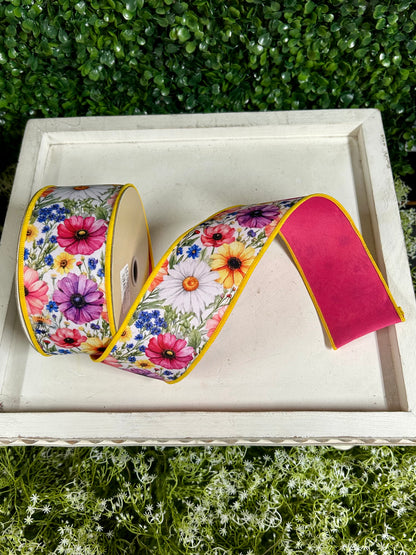 2.5 Inch By 10 Yard Mixed Wildflowers Ribbon