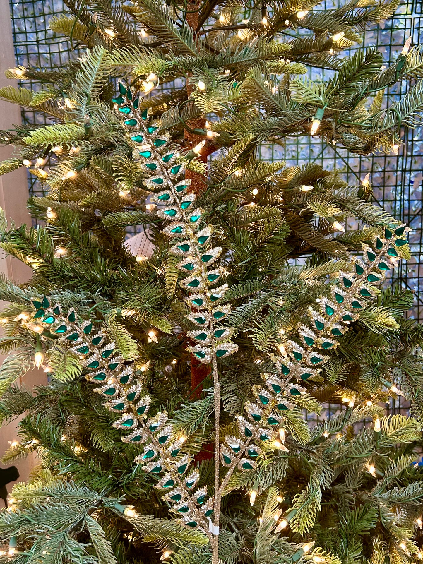 34.5 Inch Green Glittered Rhinestone Mini Leaf Spray