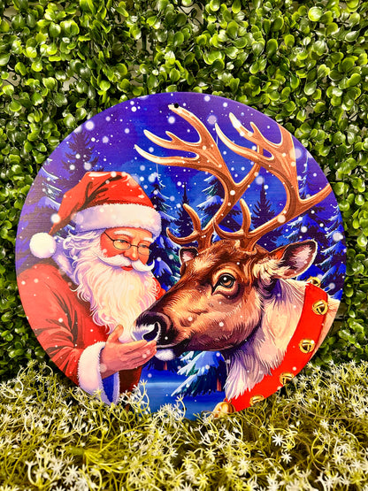 12 Inch Santa And Reindeer Metal Sign
