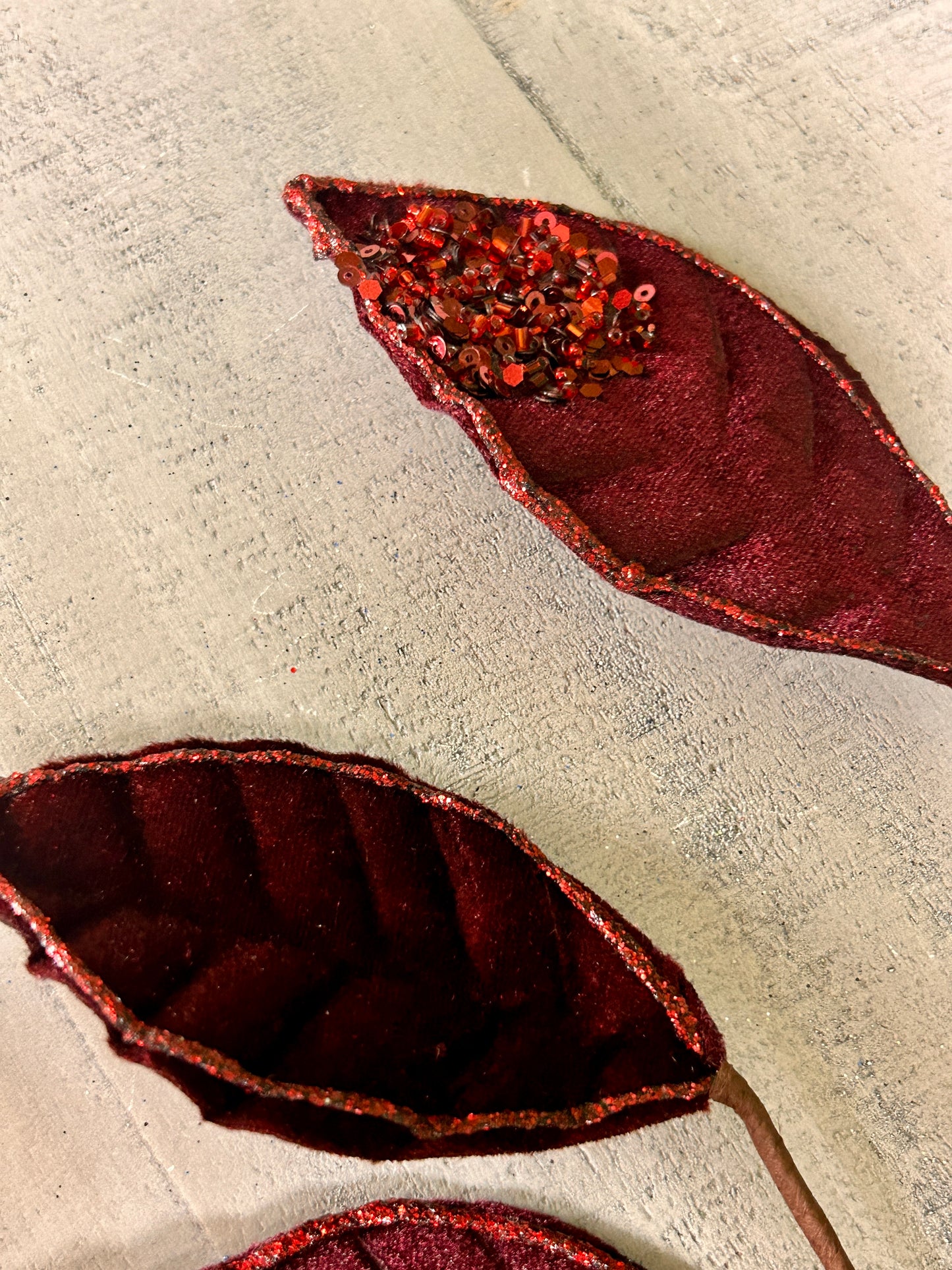 27 Inch Burgundy Velvet And Glitter Magnolia Leaf Spray