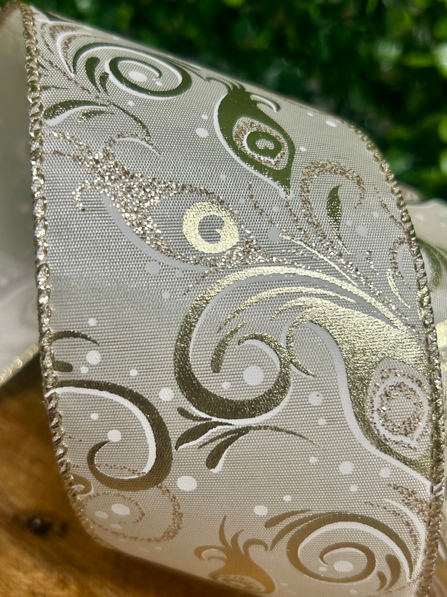 2.5 Inch By 10 Yard Champagne Peacock Swirls Ribbon