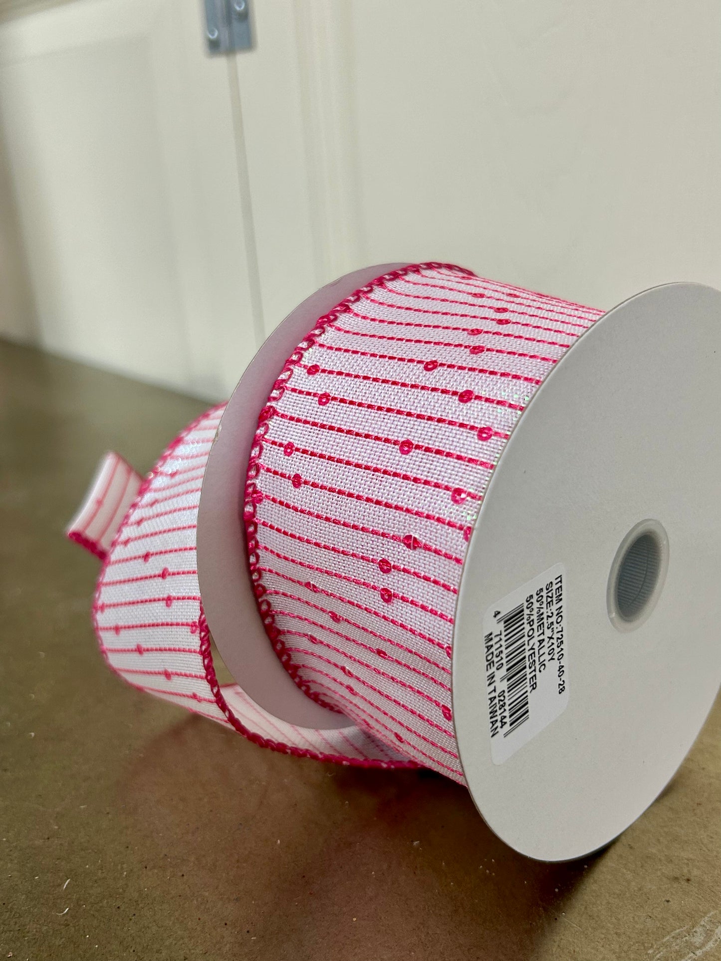 2.5 Inch By 10 Yard White Iridescent Fuchsia Woven Sequin Stripe Ribbon