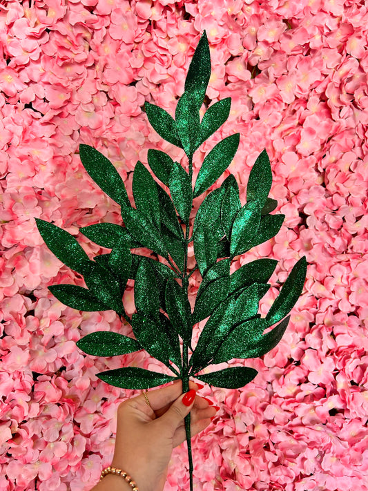 23 Inch Hunter Green Glitter Bay Leaf Spray