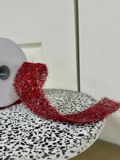 1.5 Inch By 10 Yard Red Long Confetti Metallic Wired Ribbon