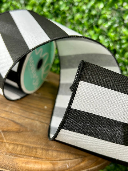 4 Inch By 10 Yard Black And White Wide Stripe Ribbon