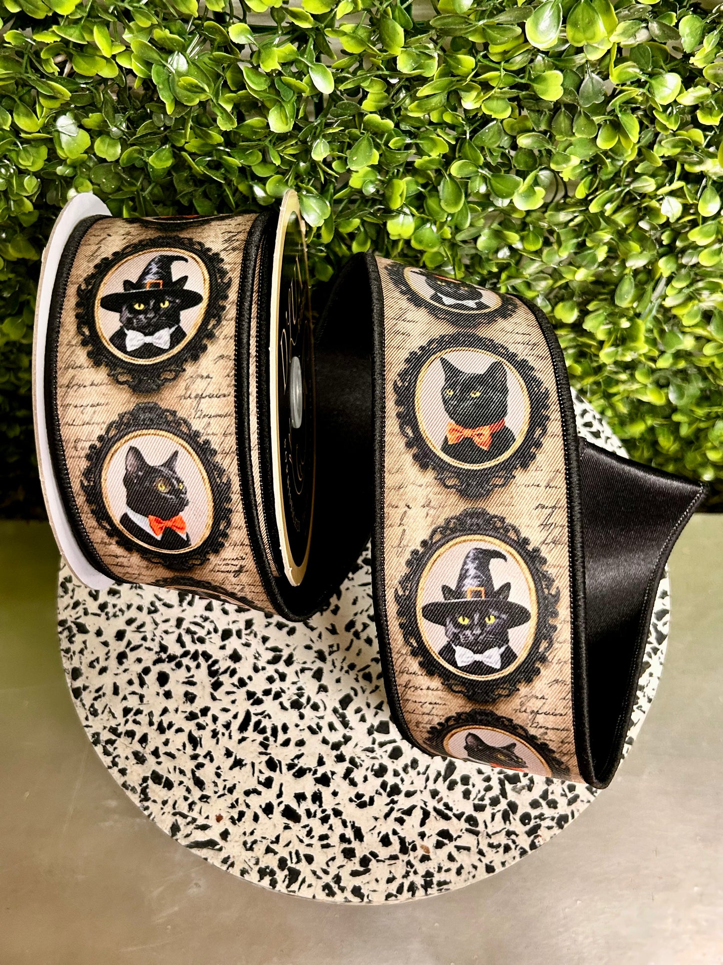 2.5 Inch By 10 Yard Black And Grey Vintage Black Cat Fused Ribbon