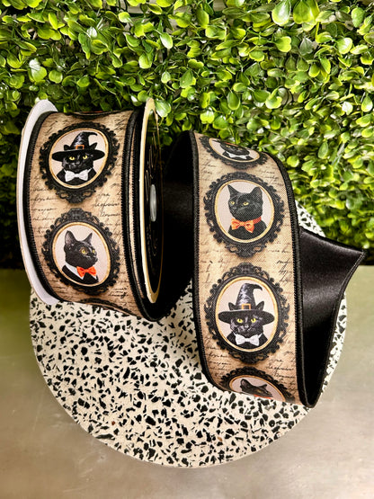 2.5 Inch By 10 Yard Black And Grey Vintage Black Cat Fused Ribbon