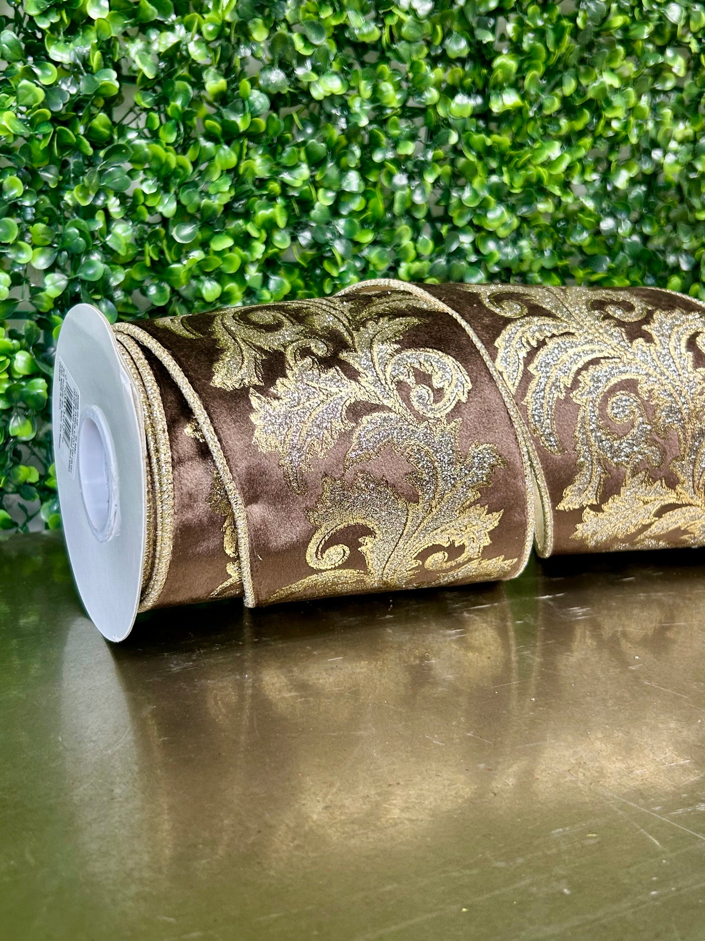 4 Inch By 5 Yard Brown And Champagne Shimmer Velvet Filagree Scroll Leaf Wired Ribbon