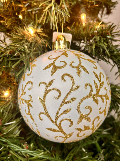 5 Inch White And Gold Glitter Swirl Matte Ball Ornament