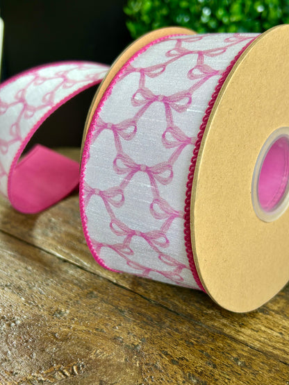 2.5 Inch By 10 Yard Pink Bows On White Dupioni Ribbon