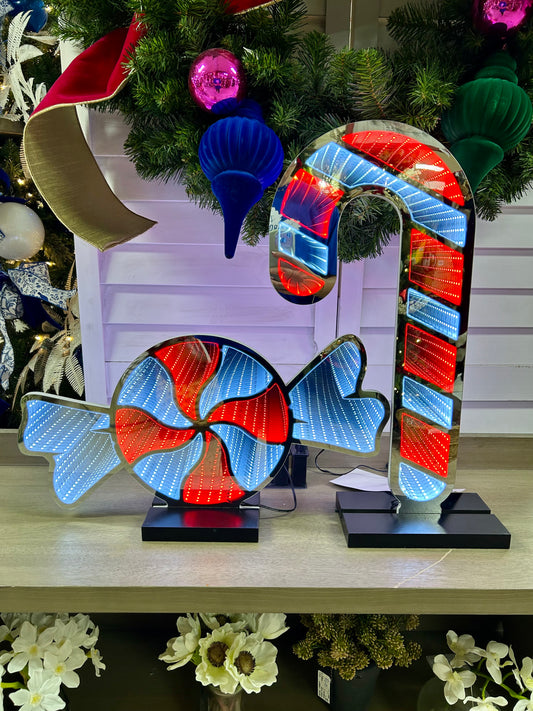 21.5 Inch Electric Infinity Lighted Candy And Candy Cane With Wood Base Two Styles