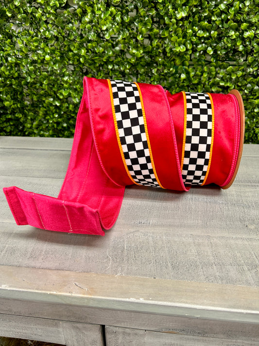4 Inch By 10 Yard Hot Pink And Orange With Check Middle Ribbon