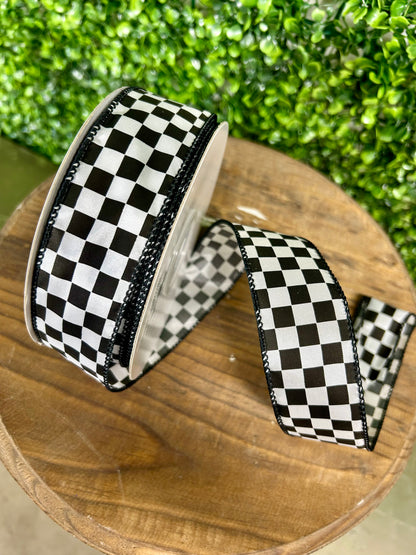 1.5 Inch By 25 Yard Black And White Raceway Check Wired Edge Ribbon